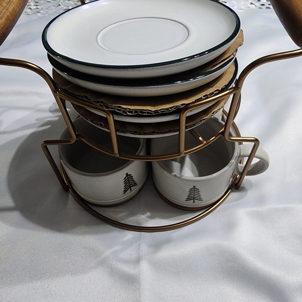 Hearth & Hand Magnolia Set 4 Cups Saucers Bronze Rack Pine Tree‎ stoneware cocoa